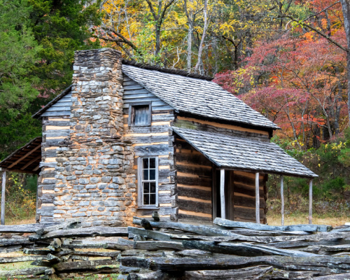 Traditional Tennessee log cabin during fall